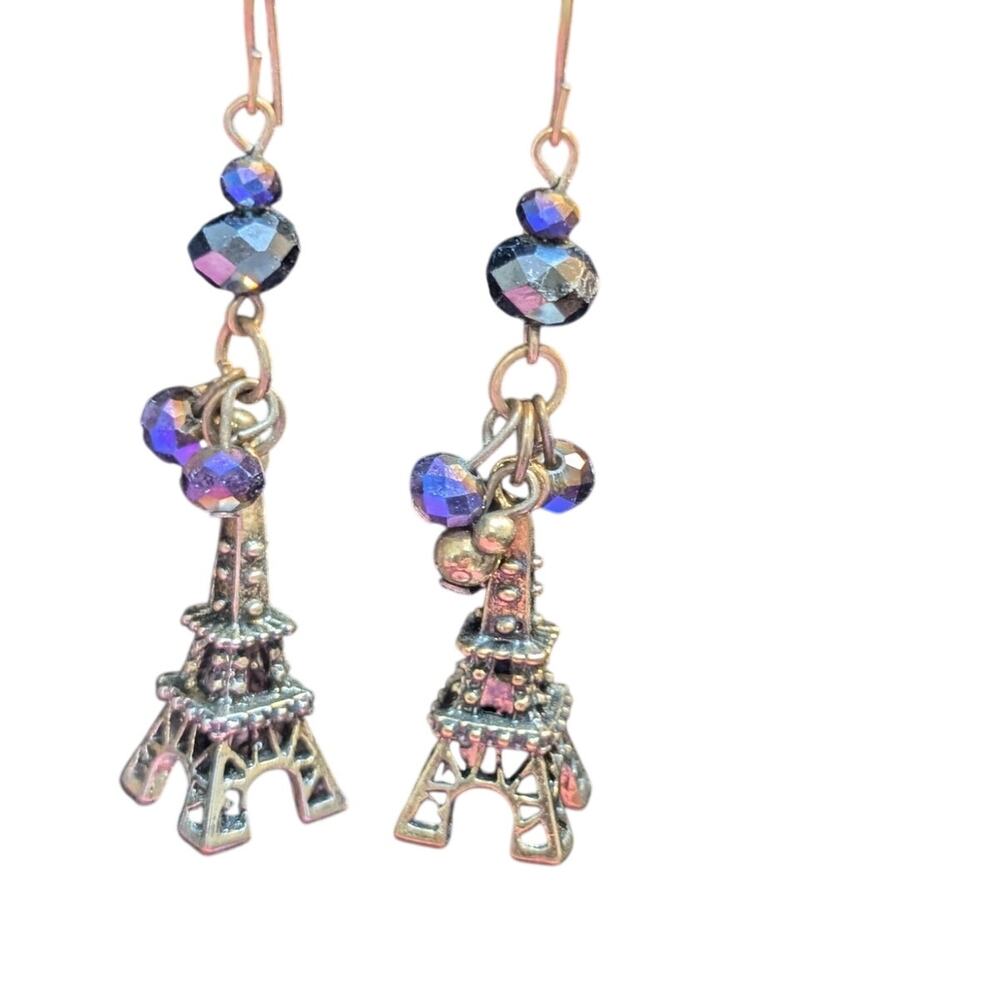 Eiffel Tower Antiqued Gold Tone Purple Crystal Cluster Dangle Earrings